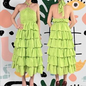NWT✨ | Do + Be | In The Limelight Lime Green Halter Tiered Ruffle Midi Dress